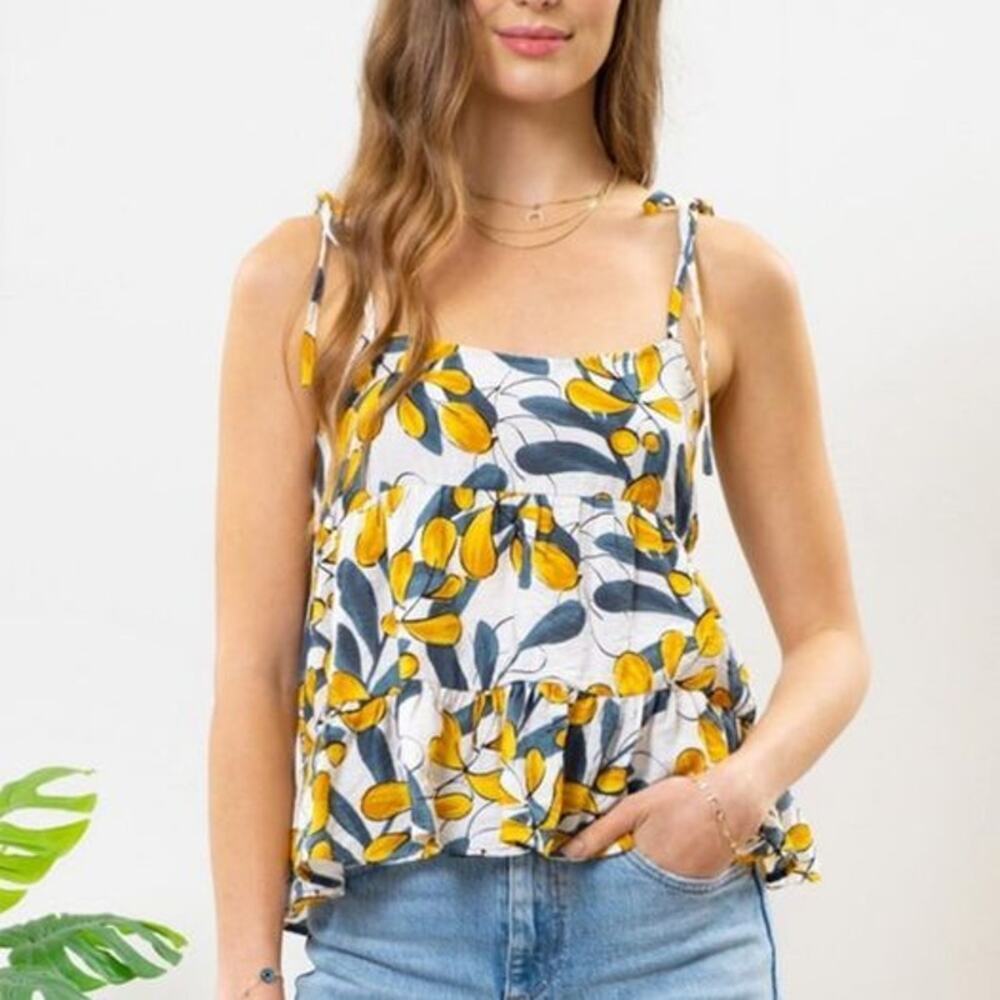NEW Mine Green Floral Tiered Peplum Style Tank Top Size Large